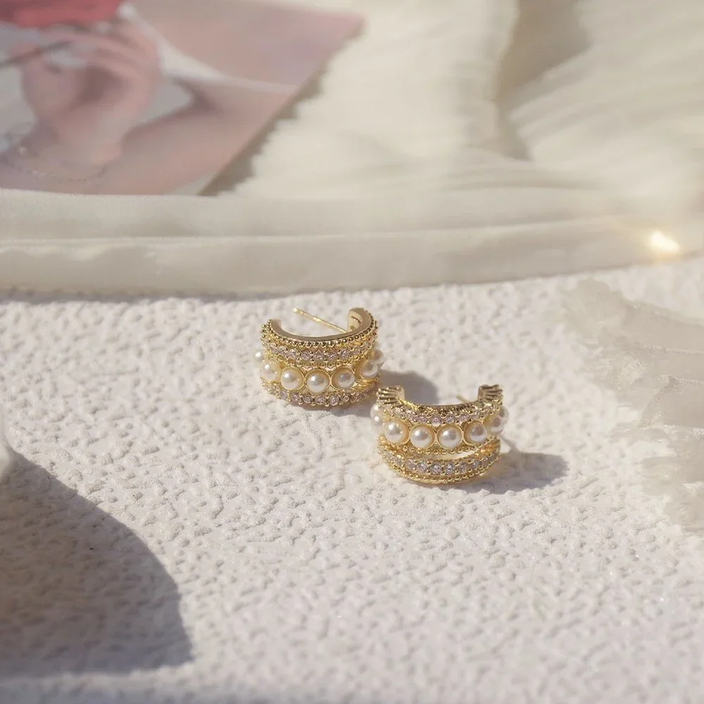 NEW 14K Gold Plated Diamond Pearl Open Hoops - Picture 2 of 8